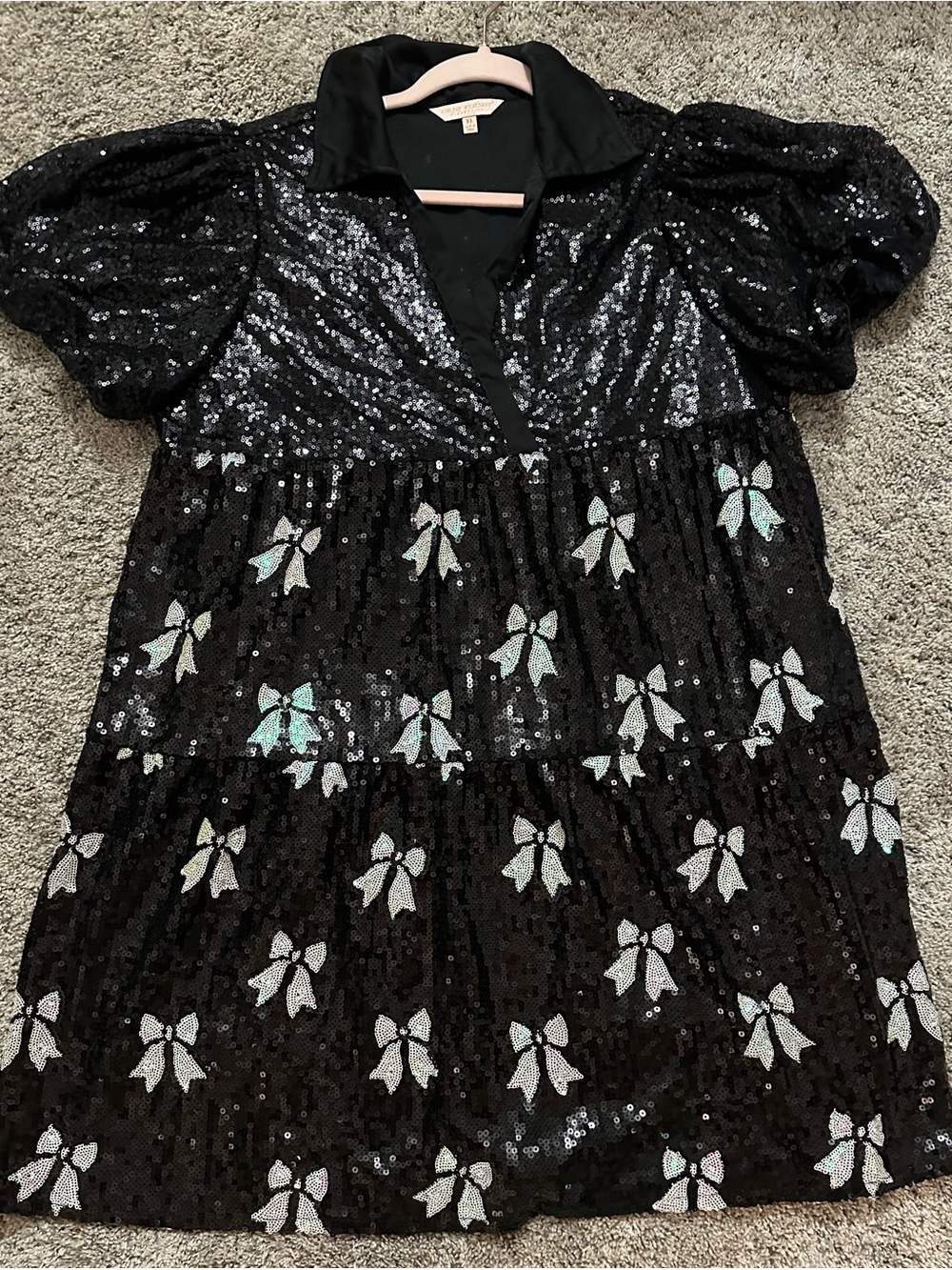 Simply Southern  Black Sequin Bow Dress - XL - Puff Sleeve Tiered Party Dress